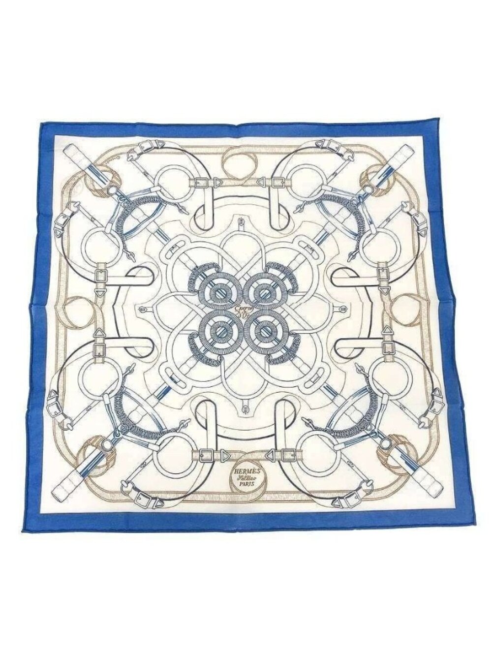 Hermes Handkerchief Cotton Carre Eperon D'or Apron Doll White Blue